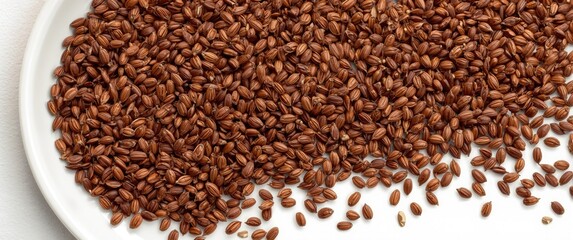 Naklejka premium White background with brown flax seeds on a plate highlighting their nutritional value including dietary fiber and essential fatty acids