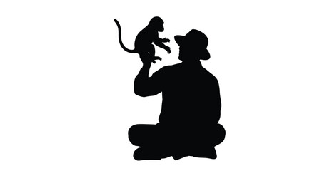 Silhouette of a man holding a baby monkey a tender moment © Mithon