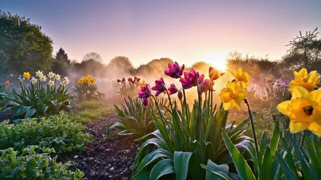 Colorful spring garden with blooming daffodils and tulips bathed in golden morning light and gentle mist