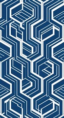 Abstract geometric pattern featuring interlocking blue and white hexagons