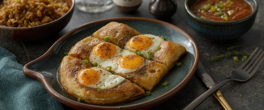 Delicious Martabak Telor: Pan-Fried Pastry with Egg, Minced Meat, and Spices, Cut into Squares with Cucumber-Chili Pickles