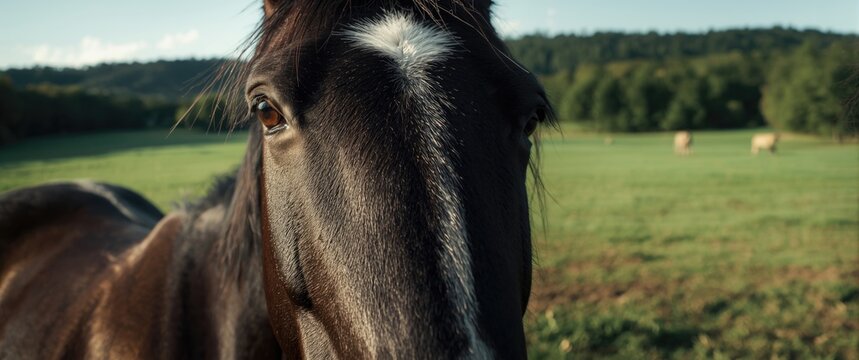 Extreme closeup of a thoroughbred filly on pasture against green background