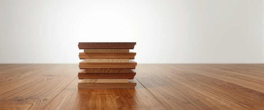 Prefinished hardwood flooring samples in isolated stacked arrangement