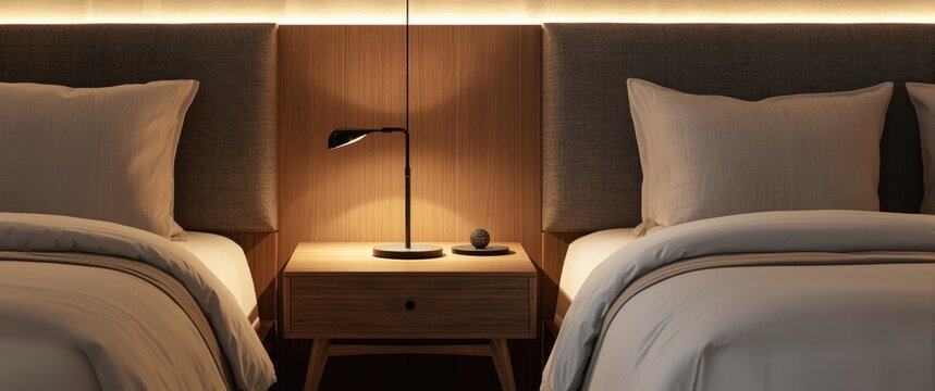 Modern interior design showcasing a bedside table with drawer beside a tidy bed and wooden wall panel in a comfortable bedroom setting