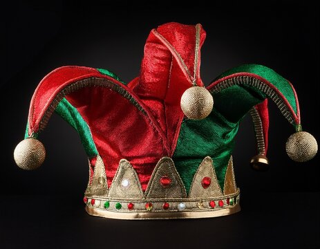 red and green joker s jester hat isolated on a full black background