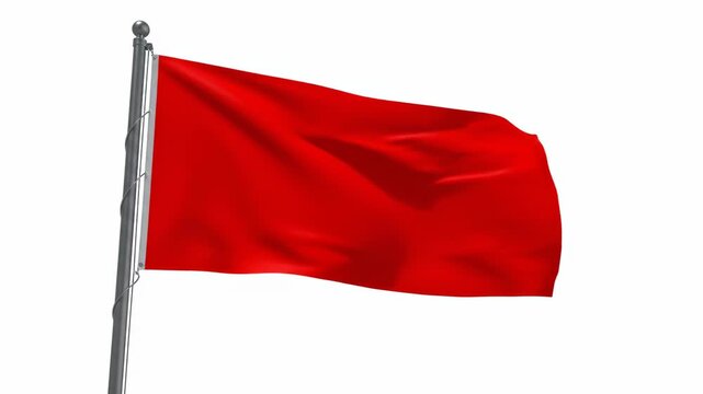 Seamless loop of a blank bright crimson flag pole mounted banner waving consistently on an infinite white void background political symbol, danger, abstract
