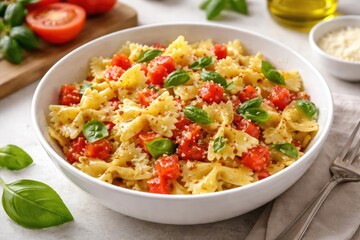 Freshly prepared farfalle pasta with chopped tomato and basil served in white bowl on kitchen top