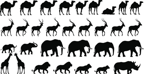 Fototapeta premium Black Animal Silhouettes Collection Featuring Camels Gazelles Elephants Giraffes Lions and Rhino Vector Set for Safari Wildlife and Nature Design Projects