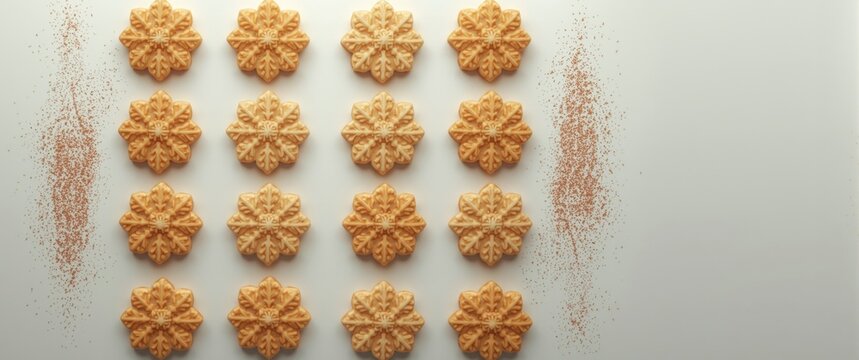 Sweet sugar-textured pumpkin cookies with ornament edge and symmetrical points, laid in neat rows showcasing homemade sweetness