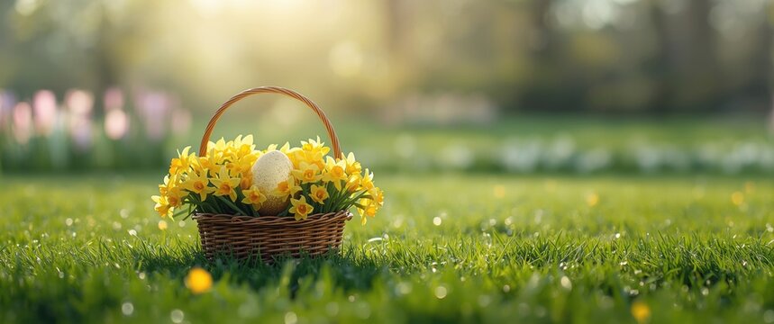 Spring Easter scene with a golden egg, yellow flowers, and a festive basket on lush green grass