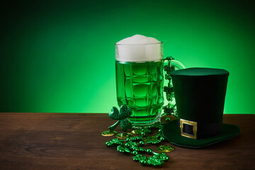 Green beer, leprechaun hat and shamrock for st. Patrick's day celebration