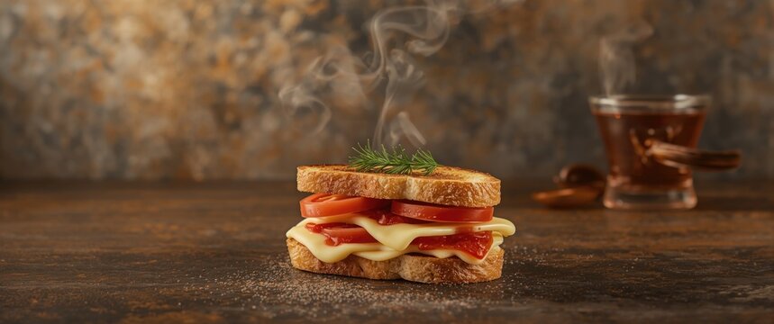 Bazlama Tost from Turkey: Toasted Sandwich featuring Melted Cheese, Tomatoes, Dill and Tea