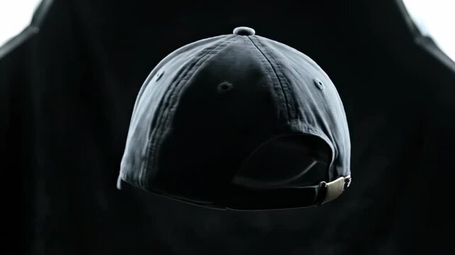 Seamless loop of a blank dark textile baseball cap endlessly spinning around its vertical axis on a pitch black backdrop studio, commercial, dark