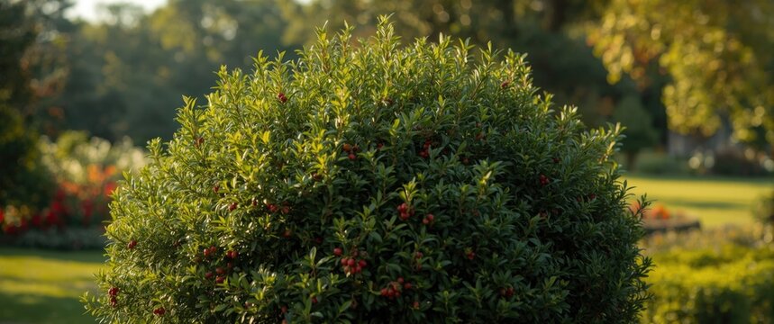 Garden view of Taxus baccata (Yaw tree) bush with focus on details