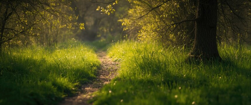 Morning spring forest rural scene with a close-up view of a trampled path extending into the green background