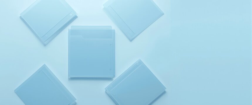 Flat lay of file folders featuring punched pockets on a light blue background