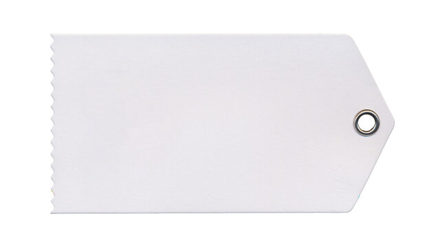 Blank white plastic tag label with metal grommet on white background