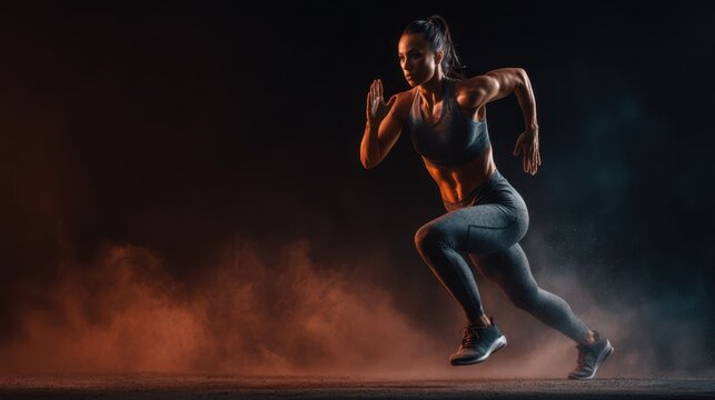 Strong female athlete training confidently with dramatic lighting background, Women strength and power concept