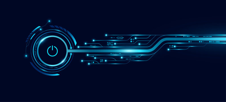 Futuristic touch screen power button for user interface. Hi-tech dashboard for UI and GUI design. Glowing HUD circle with computer circuit board on dark blue background. Vector illustration.