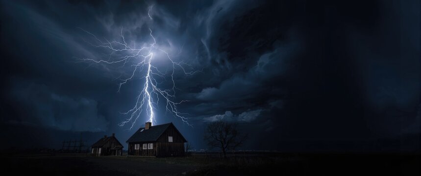 Village houses illuminated by vertical lightning at night