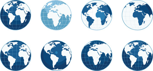 World Globe Map Icon Set Showing Earth Hemispheres and Global Geography Views for International Business, Travel, Education, and Network Design