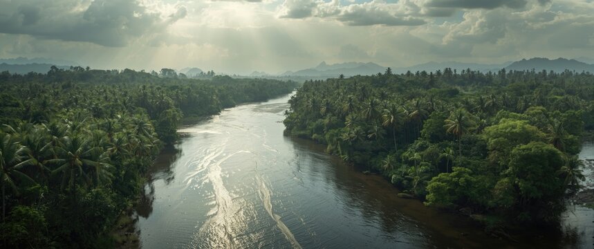 Expansive tropical river lined with palm trees along both shores