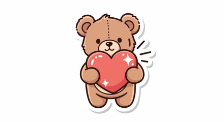 Naklejka premium A cute cartoon teddy bear holding a red heart with white sparkles on a plain white background with a sweet expression.