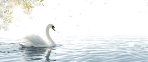 Fototapeta premium Elegant white swan floating on river amidst spring nature birds, background, water, summer, isolated, landscape, love, white