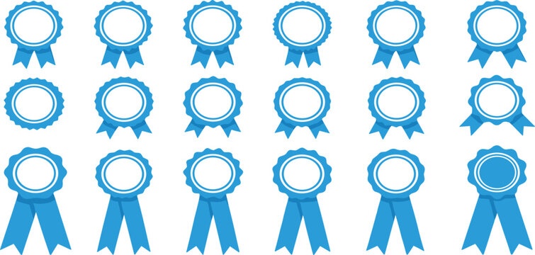 Award Ribbon Badge Icon Set Featuring Blue Prize Rosettes and Empty Medal Labels for Achievement, Certification, Competition, and Recognition Design