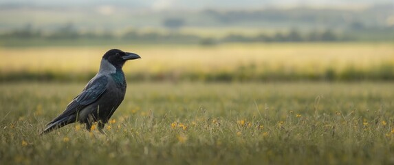 Obraz premium Beautiful side perspective of a western jackdaw in a field scene
