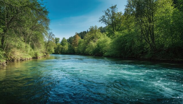 Riverscape highlighting seasonal change and water flow dynamics, Earth Day