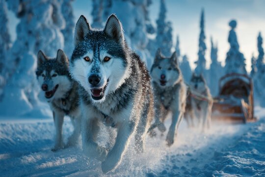 A group of husky dogs pulling sledge, northern lights in background.