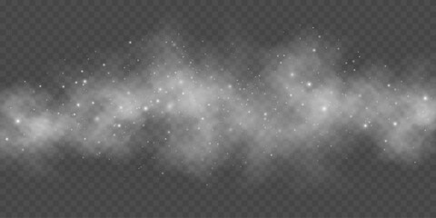 Realistic smoke effect with glowing bright light particles on a dark transparent background. Dreamy mist or fog for magical, festive, or ethereal atmosphere scenes. Vector illustration. © sersupervector