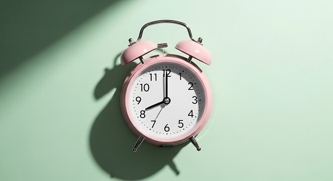 Pink alarm clock on green background