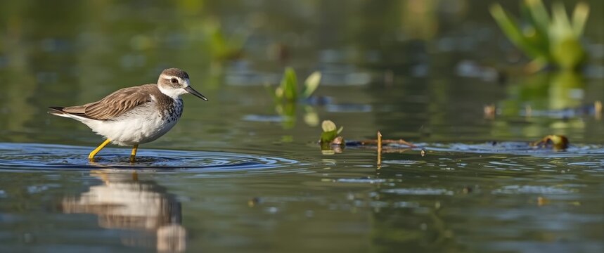 Birdwatching of Lesser yellowlegs wading through pond water - avian, plumage, feathers, wading, birds, ornithology, shallow pond