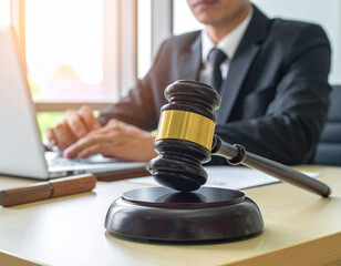 Person at a desk with judge gavel symb justice and law. Symbol for crime, judgement, legislation and judicial decisions. image was generated with AI and does not show a real person,action or products.