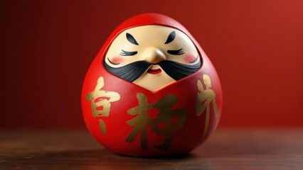 Traditional japanese daruma doll with painted face, red round shape, wish making tradition, cultural good luck charm, goal setting symbol, motivational object