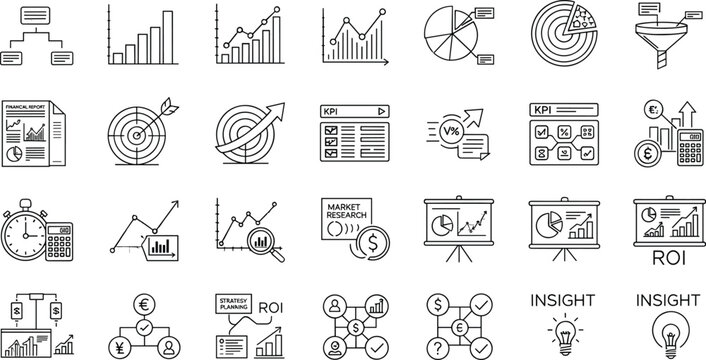 Business KPI and Data Analytics Line Icons Set