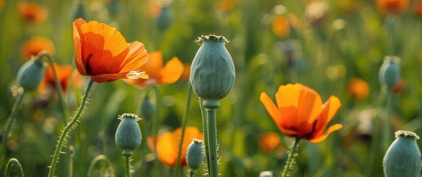 Unripe poppy heads in early spring on a sunny warm day, featuring a vibrant background of flowers, summer, and lush green nature