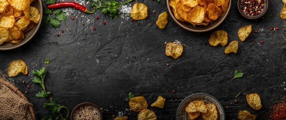 Homemade potato chips seasoned with chili pepper, parsley, and sea salt on trendy black stone background