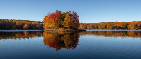 Naklejka premium New England's Autumn foliage mirrored in tranquil pond water