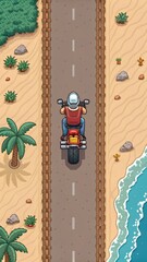 A man riding a motorcycle on a road with a palm tree in the background.