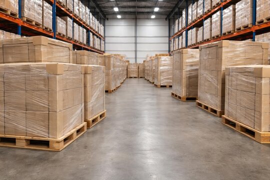 Storage warehouse with pallets carrying cardboard boxes wrapped in plastic and reinforced by L-shaped corrugated paper corners with copy space