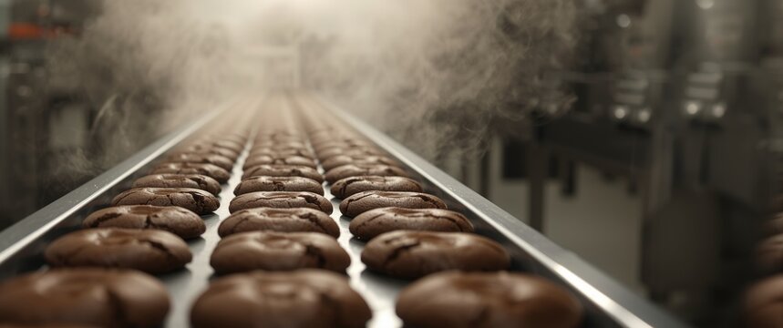 Production Line with Rows of Cocoa Cookies in a Baking Factory