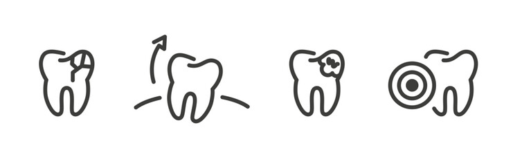 Dental problem set icon, icons of caries, cracks in enamel, tooth extraction, toothache, line vector art