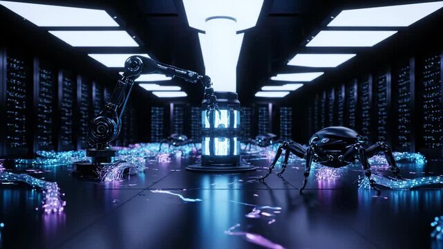 Futuristic Server Room with Robotic Arms Handling Data Storage, High-Tech Facility, Cyberpunk Environment, Drone Footage