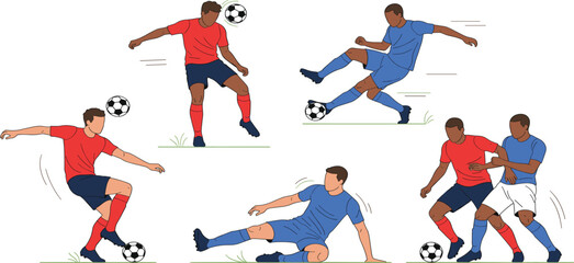 Fototapeta premium Soccer Player Action Pose Illustration Set Showing Football Dribbling, Shooting, Sliding Tackle, and Competitive Match Moments for Sports Design