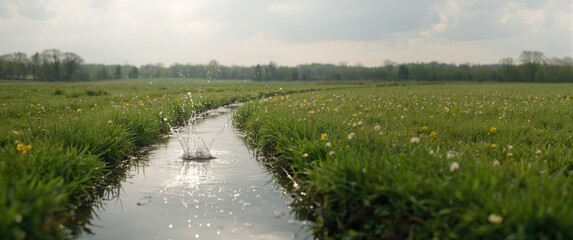 Water-filled ditch in a lush green grass meadow background, capturing summer and spring essence