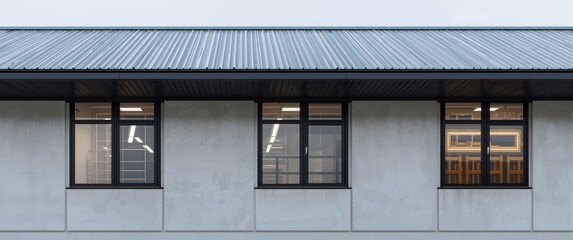 Fototapeta premium Second-floor industrial office structure with glass doors and windows, white cement wall, aluminium corrugated steel roof, simple exterior architecture