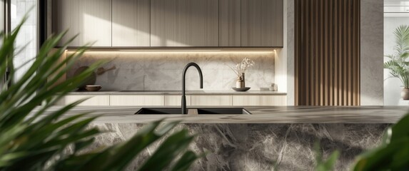 Black quartz granite modular kitchen sink featuring double bowls, installed on a polished cement countertop in a tropical villa kitchen area